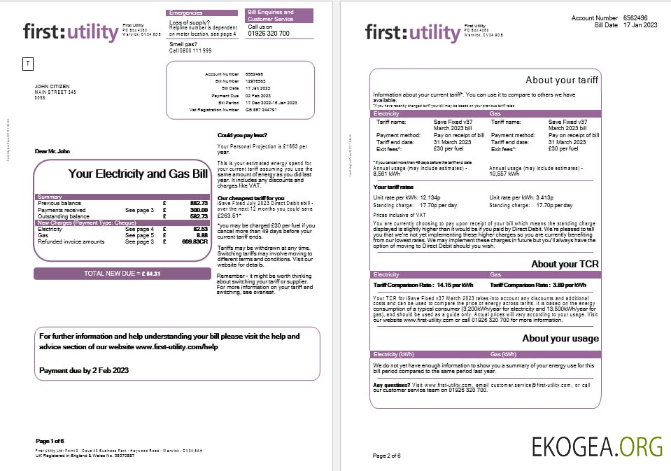 United Kingdom first gas and electricity utility bill in word and pdf formats, 6 pages template